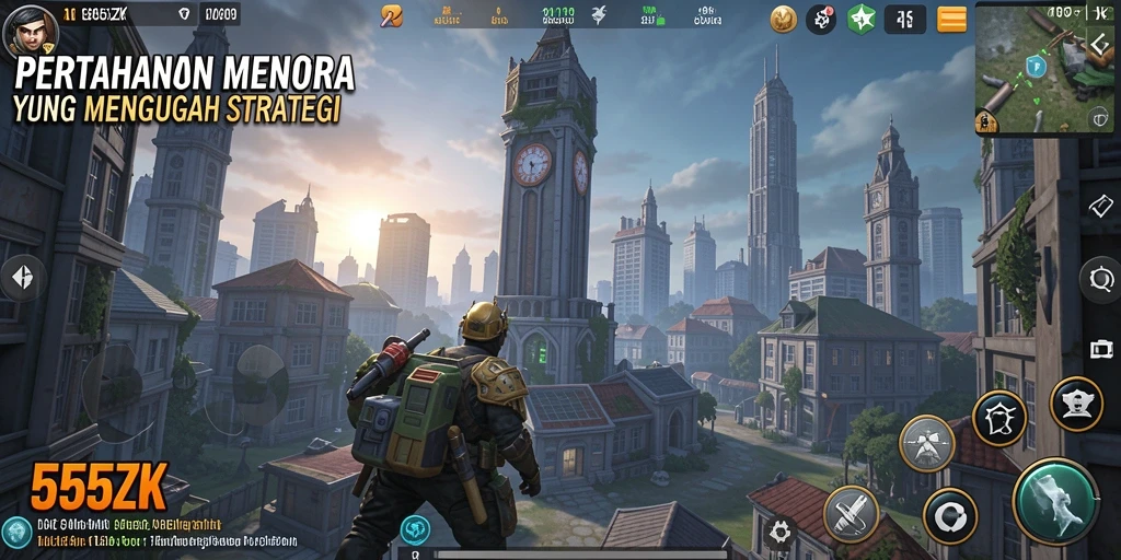 Tampilan gameplay 555ZK dengan menara pertahanan yang strategis.
