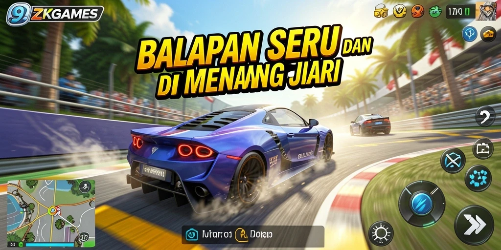 Screenshot gameplay 9ZKGAMES dengan aksi balapan yang intens.