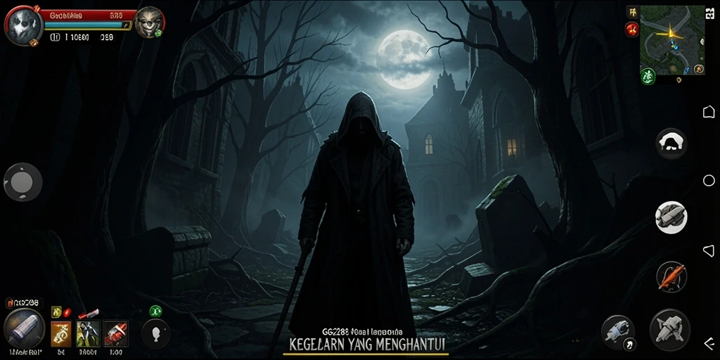 Tangkapan layar dari gameplay GG288 yang menampilkan suasana horor yang mencekam.