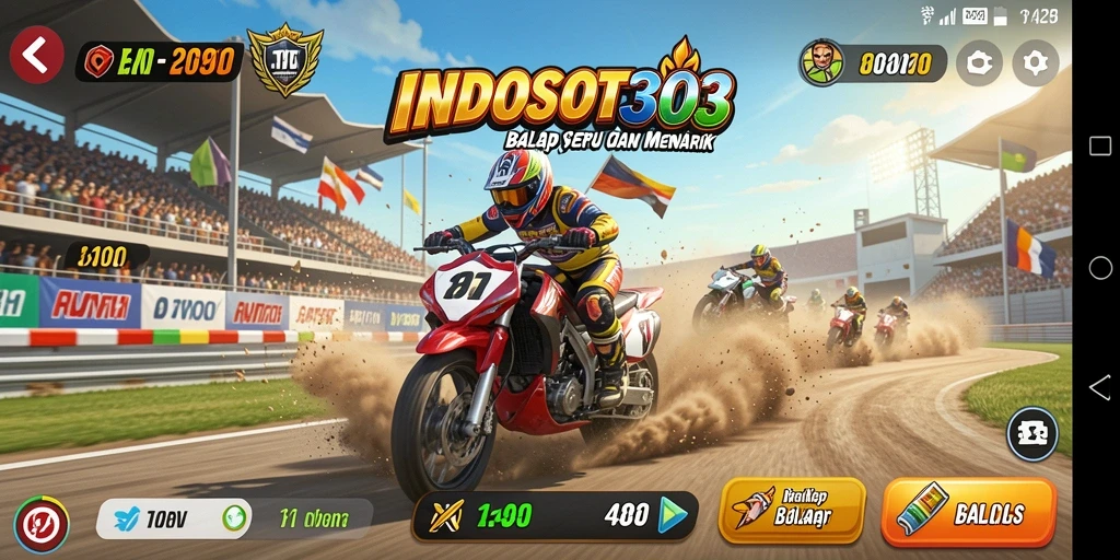 Tangkapan layar gameplay <strong>INDOSLOT303</strong> yang menunjukkan balapan yang intens.