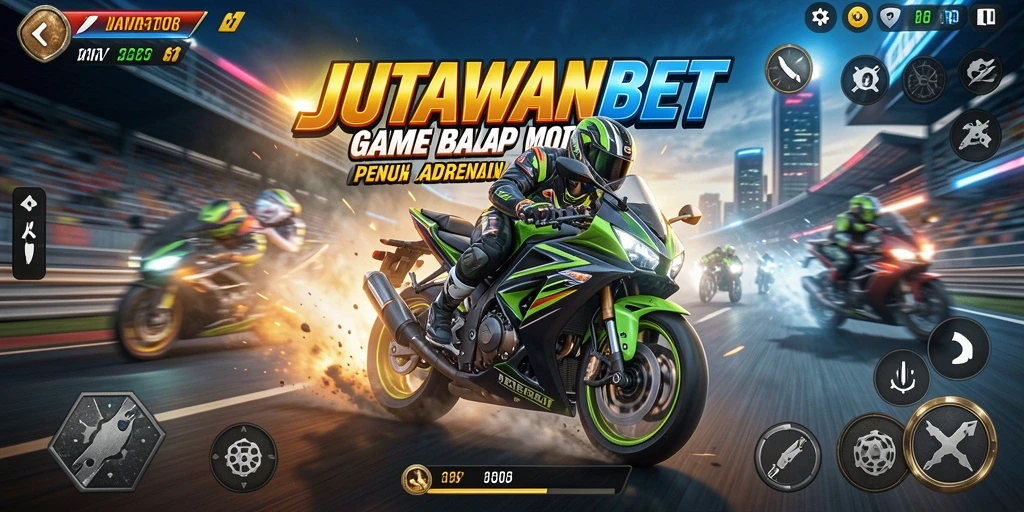 Tampilan gameplay menegangkan dari JUTAWANBET dengan aksi balap motor.