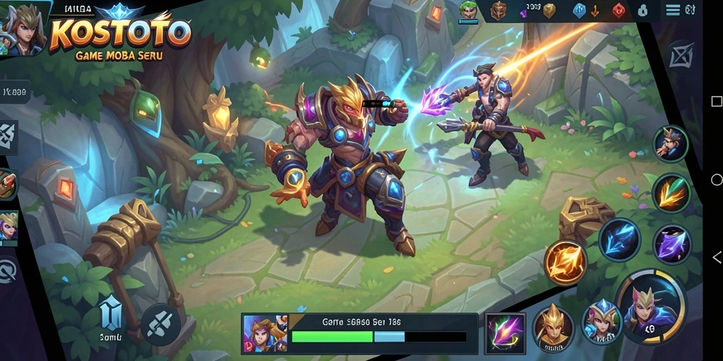 Gameplay MOBA KOSTOTO yang penuh aksi dan strategi.
