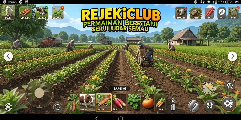Screenshot gameplay REJEKICLUB menampilkan ladang yang subur dan hewan peliharaan.