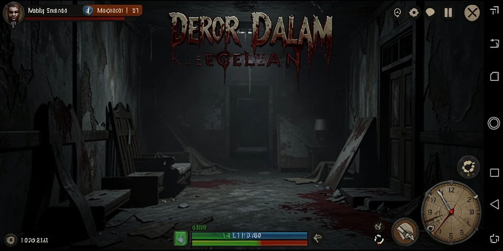 Tampilan gameplay menakutkan yang menggambarkan kegelapan dan ancaman.